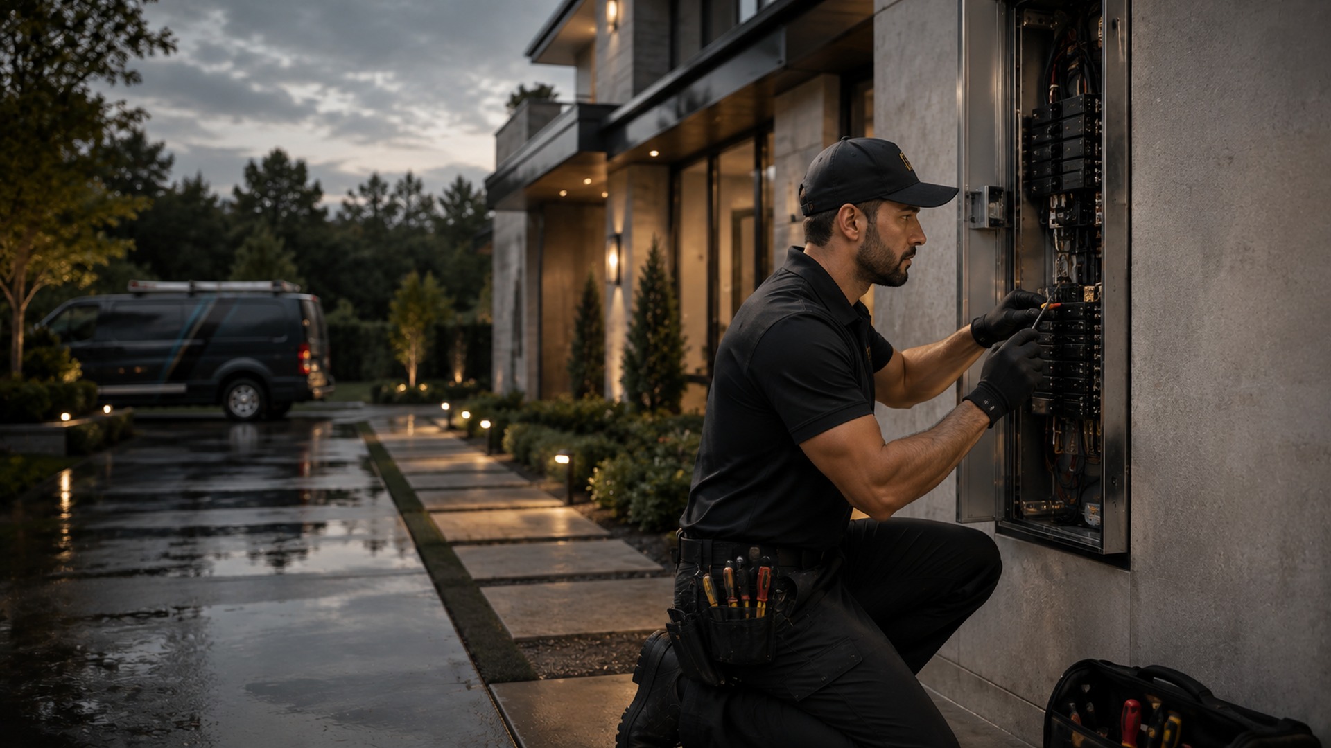 Electrician working at a residential electrical panel